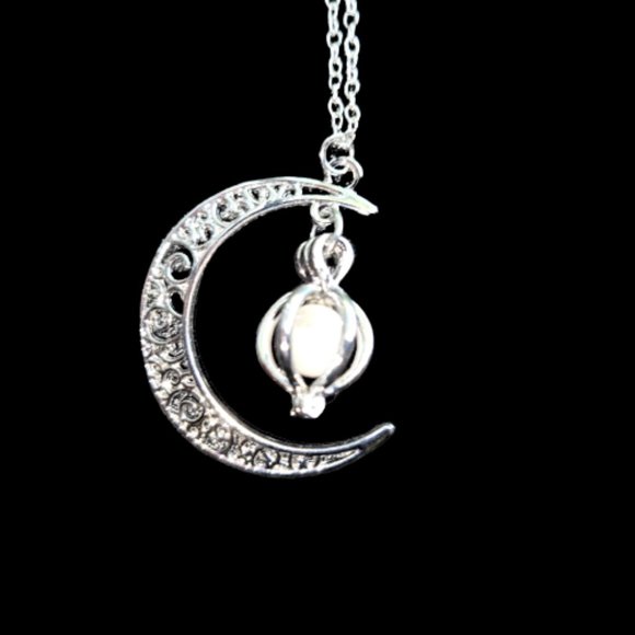 Crescent Moon with Luminous Caged Light Green Glowing Orb Pendant Silver Chain - Picture 6 of 12